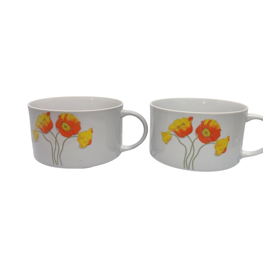 1976 Enesco Spring Floral Fine China Mugs Set of 2 Poppy Japan Vintage white
